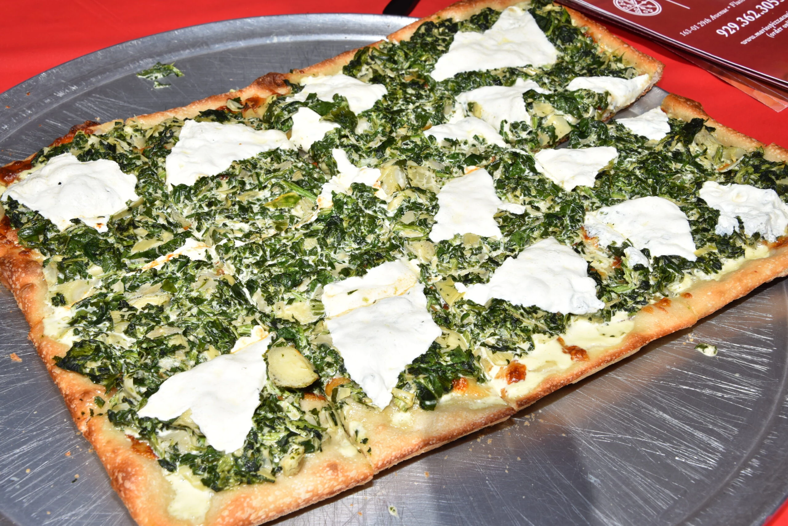 Spinach and ricotta white square pizza